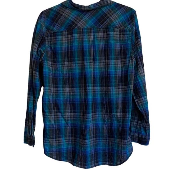 Eddie Bauer Classic Fit Button Up Blue Plaid Cotton Long Sleeve Shirt - Picture 2 of 5